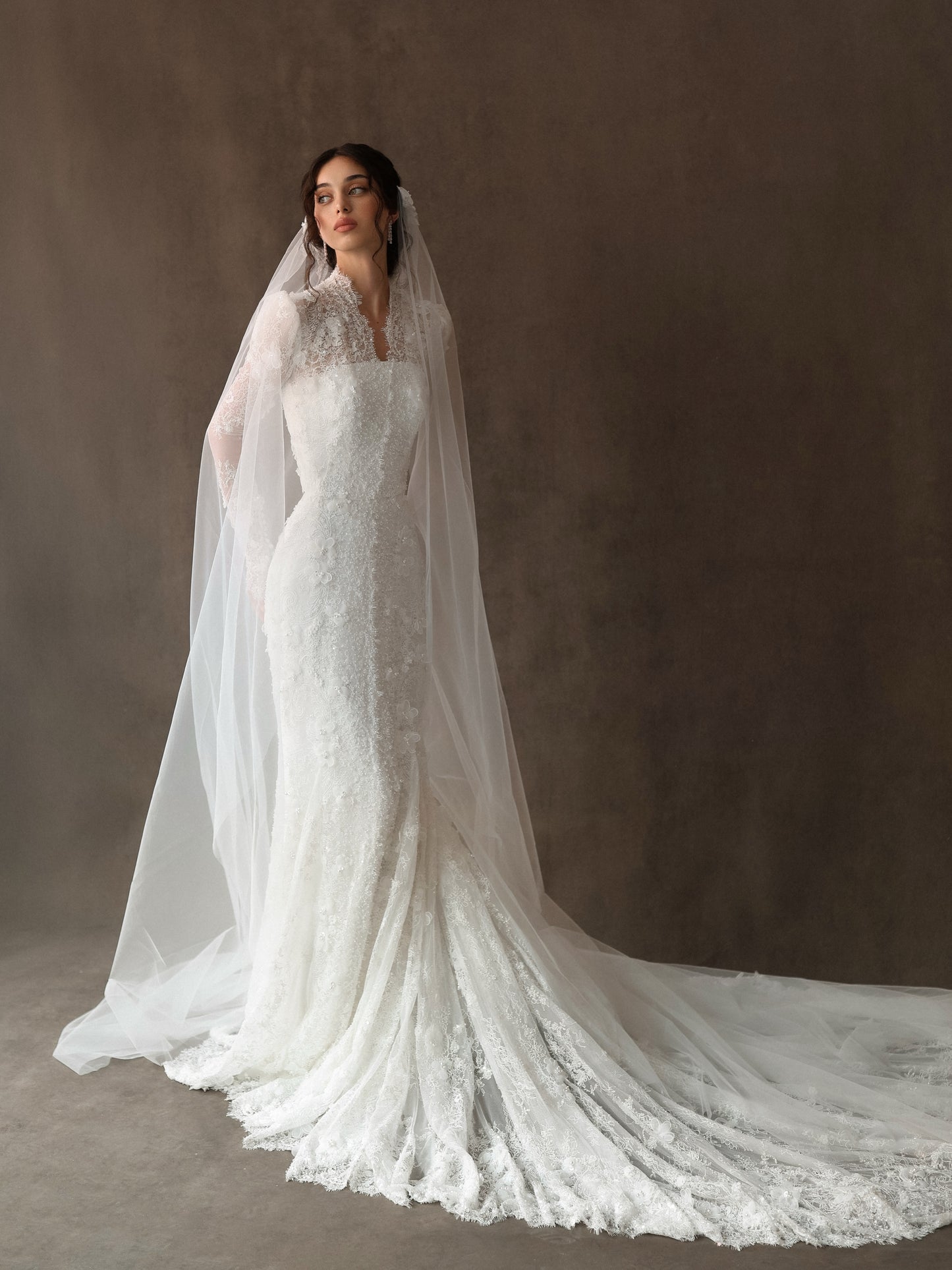 Lace High Neck Mermaid Wedding Dress with Sleeves