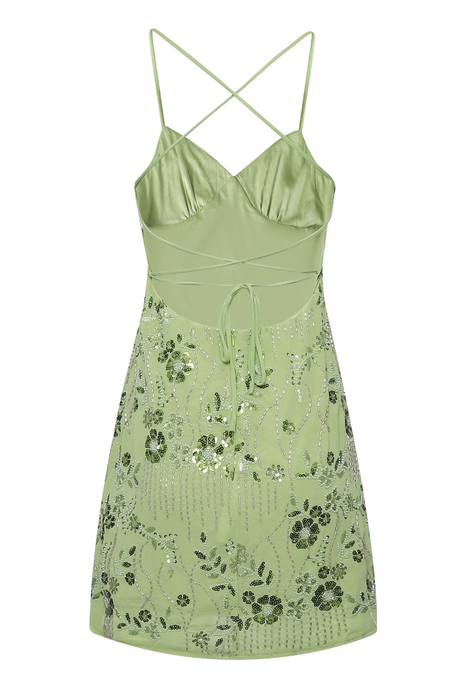 Sequined Floral Beaded Mini Dress with Lace-Up Back