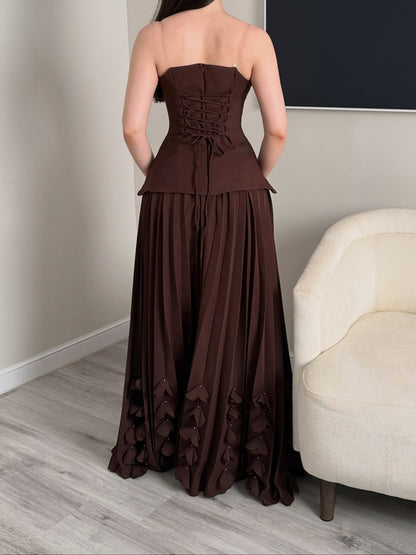 Corset Pleated Evening Gown with Tiered Appliques
