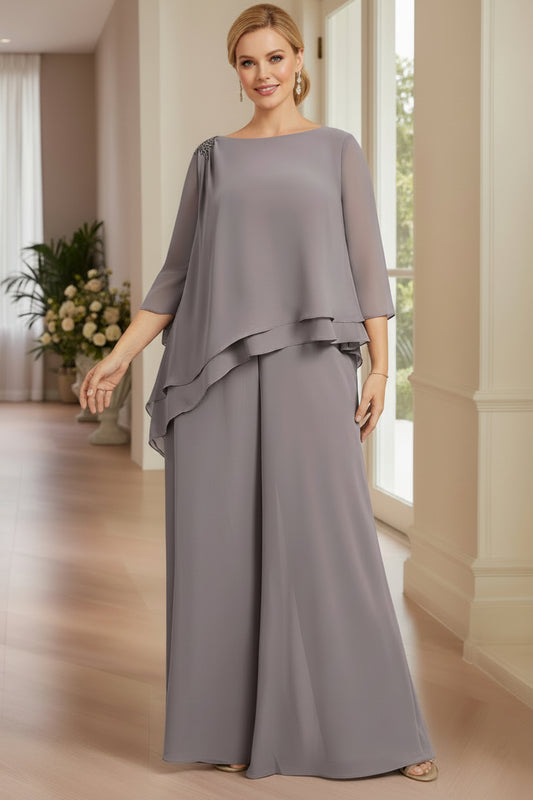 Silver Gray Chiffon Cape Pantsuit for Mother of the Bride with Beaded Shoulder Detail
