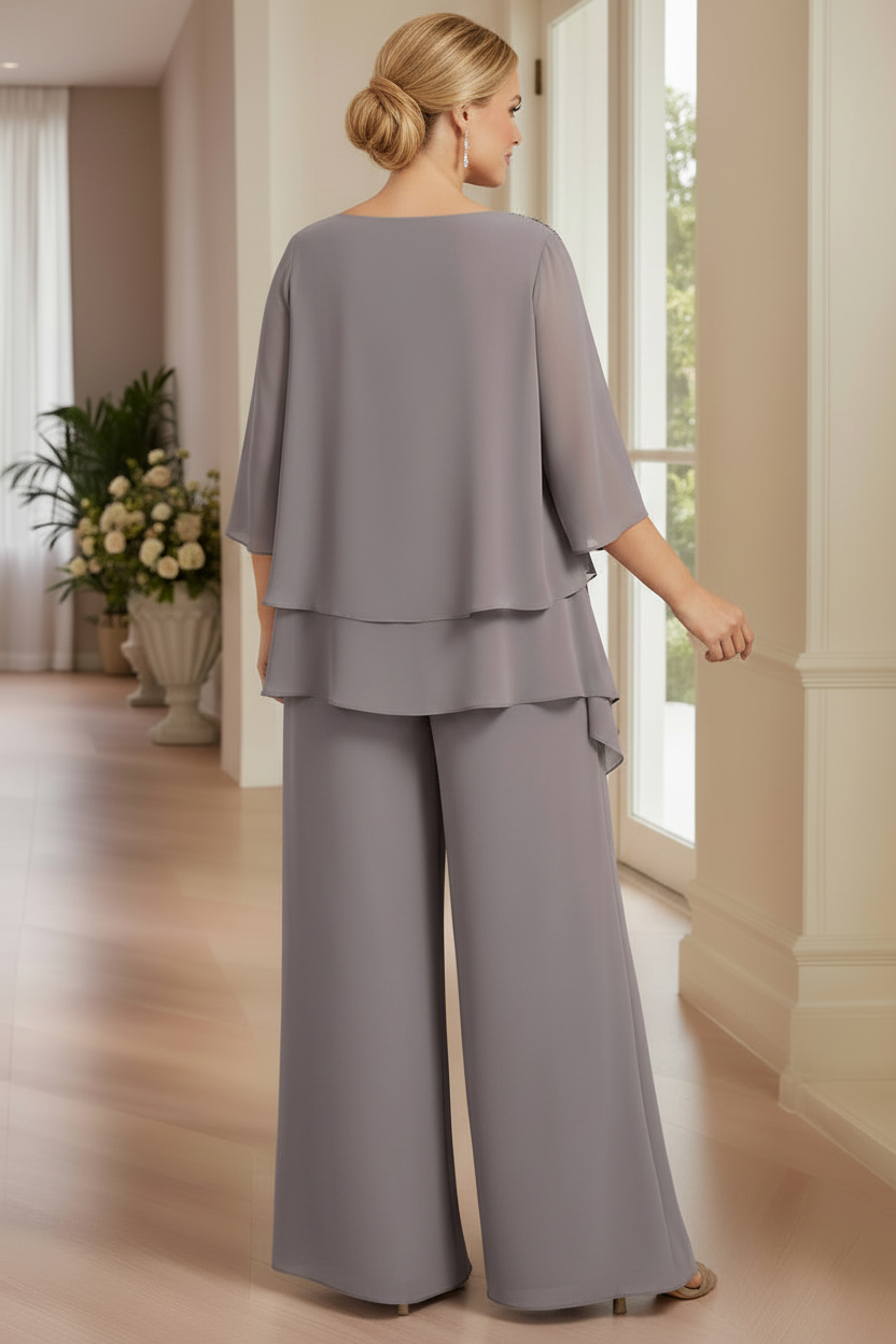 Silver Gray Chiffon Cape Pantsuit for Mother of the Bride with Beaded Shoulder Detail