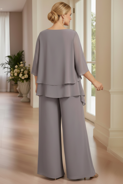Silver Gray Chiffon Cape Pantsuit for Mother of the Bride with Beaded Shoulder Detail