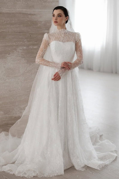 High Neck Lace Sleeve A-Line Wedding Dress