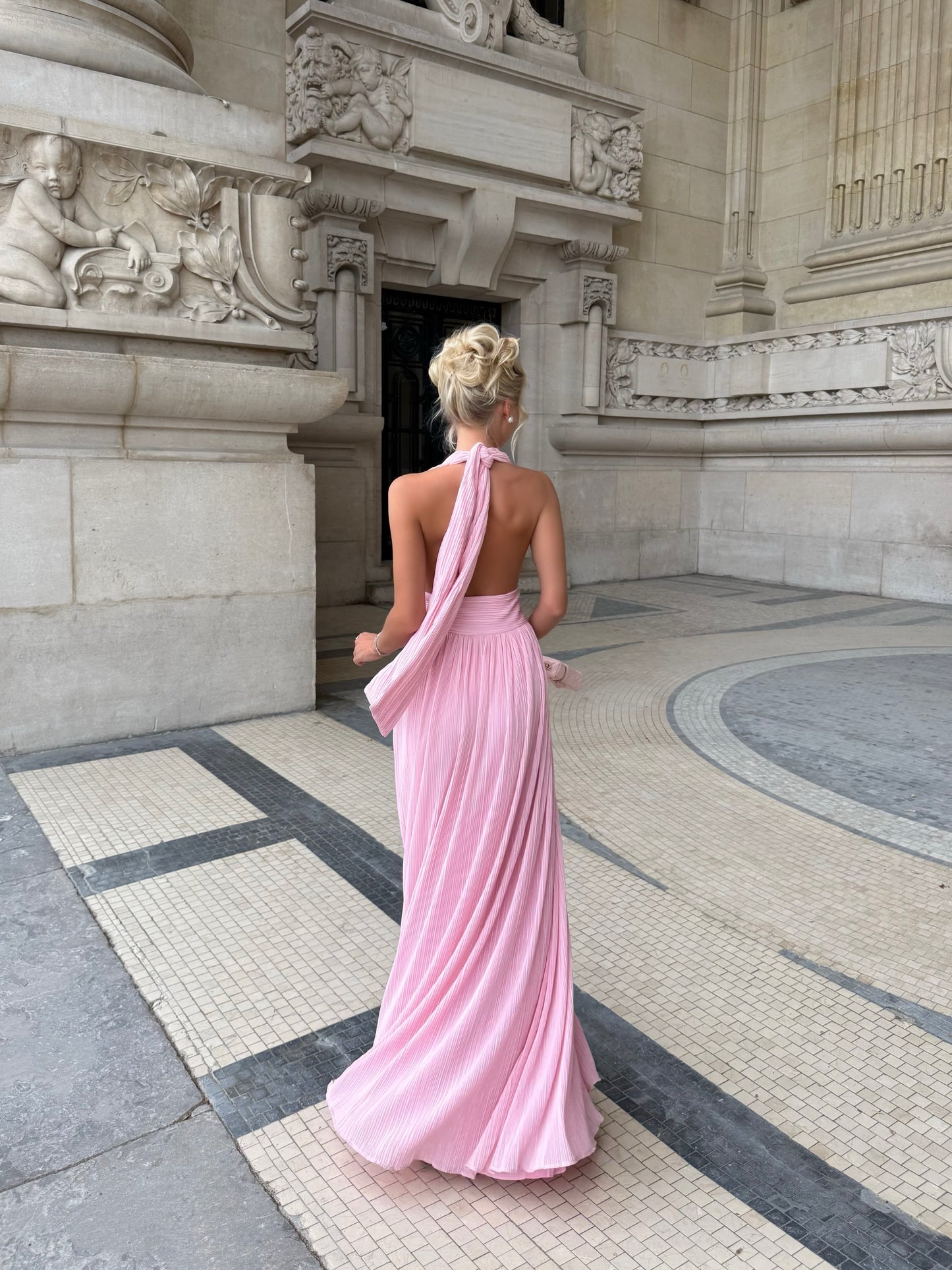 Pleated Plunge Halter Maxi Dress with Tie Back