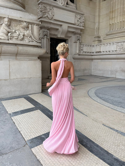 Pleated Plunge Halter Maxi Dress with Tie Back
