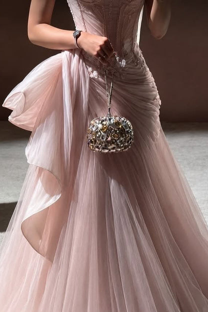 Corset Tulle Mermaid Evening Gown with Side Draping