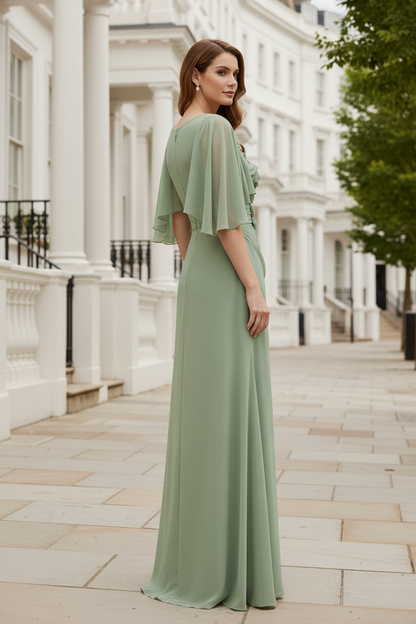 Sheath Evening Gown with Cape Sleeves & 3D Florals