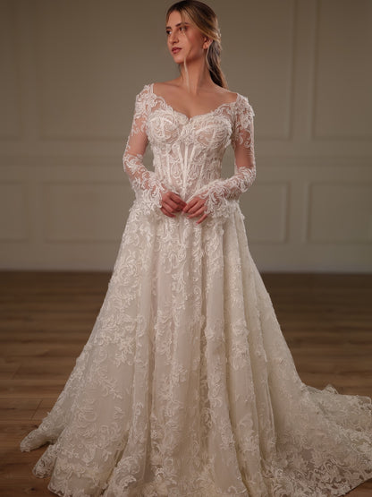 Lace Applique A-Line Wedding Dress with Sleeves