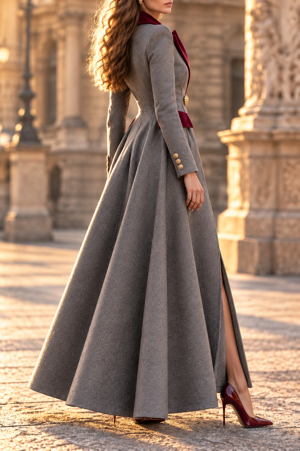 Double-Breasted A-Line Coat Dress with Velvet Lapels