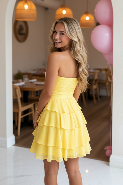 Strapless Tiered Chiffon Mini Dress with 3D Flower