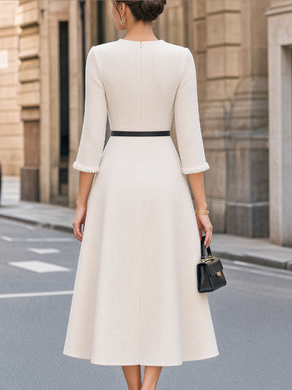 Fringed A-Line Midi Dress with 3/4 Sleeves