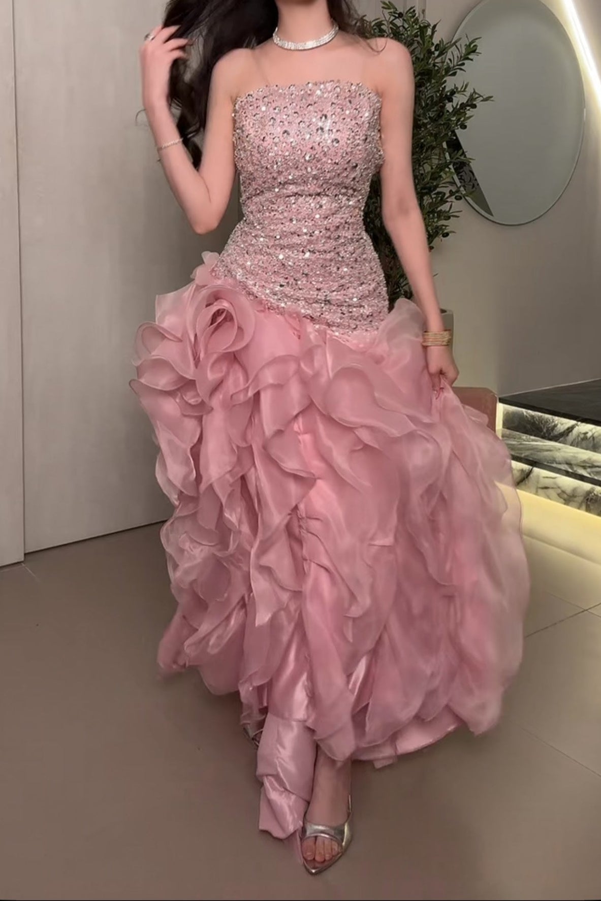 Strapless Sequin Bodice Ruffled Evening Gown