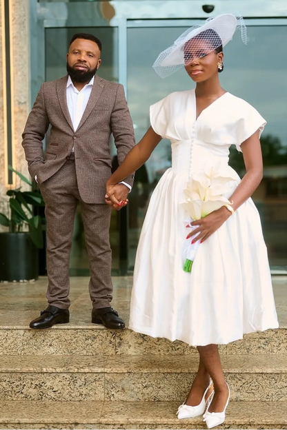 V-Neck Satin Tea-Length Wedding Dress