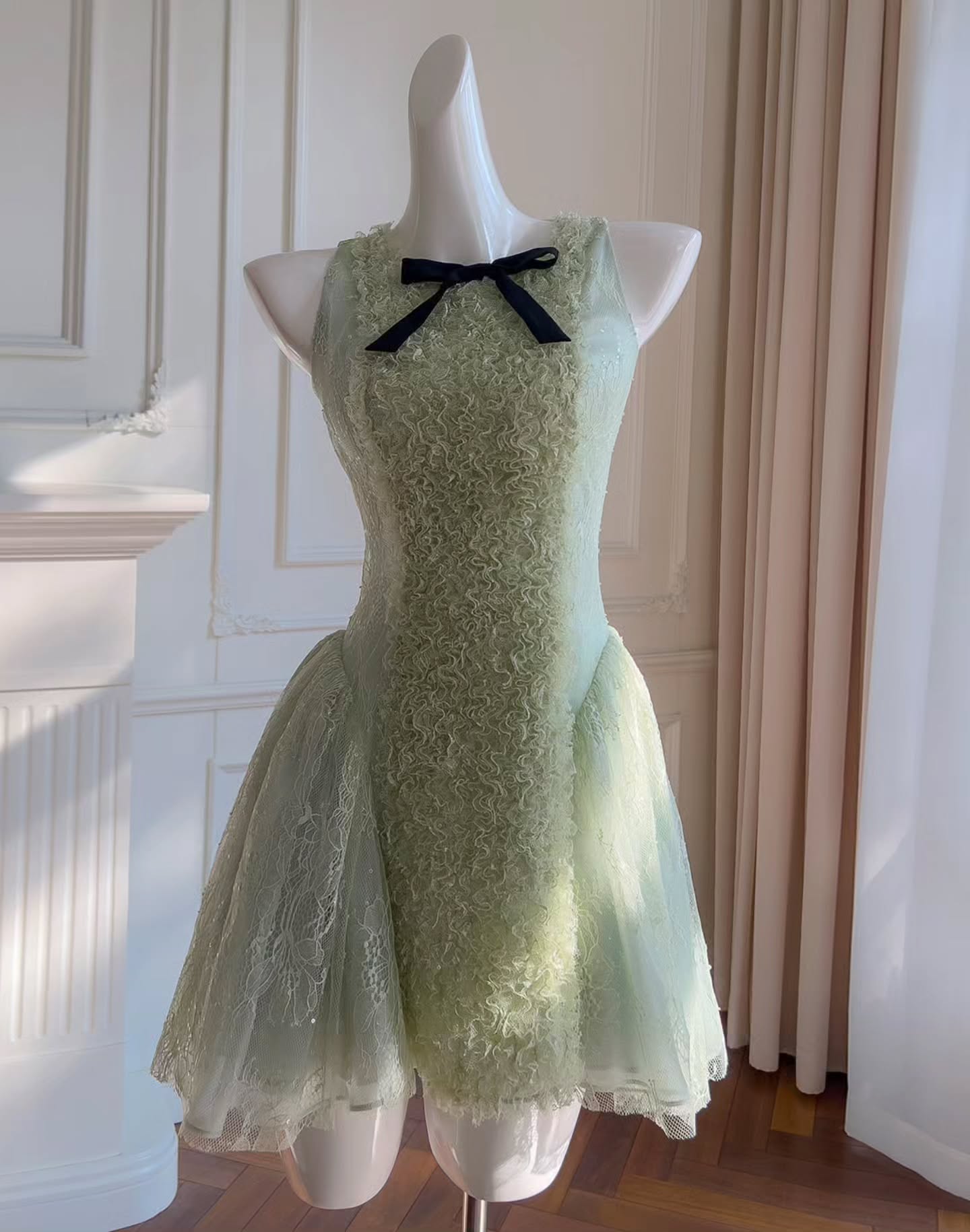 Lace and Tulle Ruffled Mini Dress with Bow