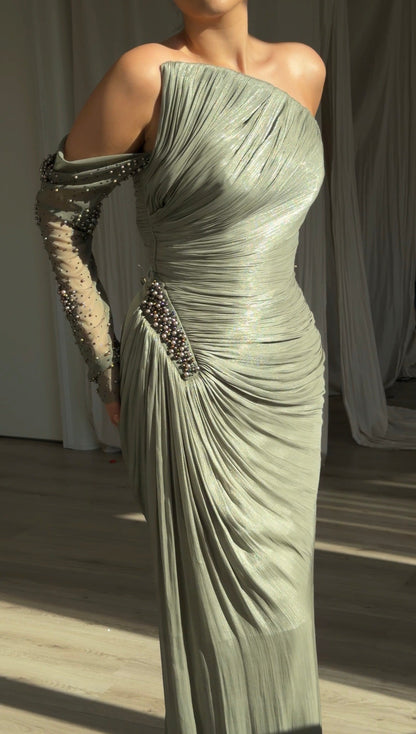 Pleated Asymmetrical Gown with Beaded Hip Accent