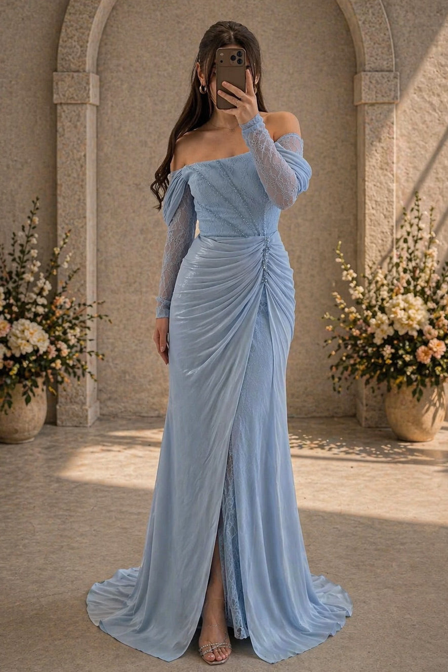 Off-Shoulder Lace Ruched Evening Gown