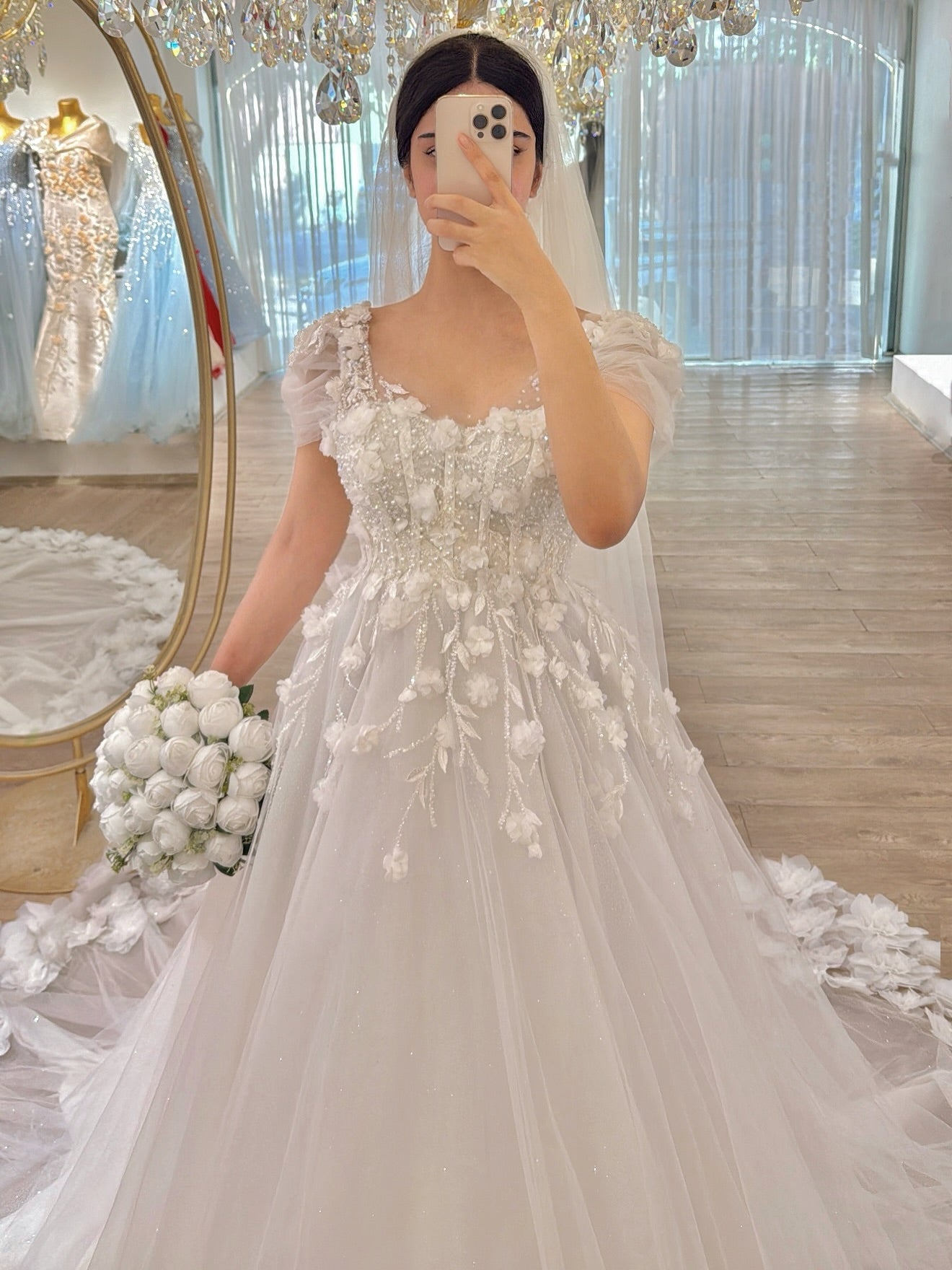 3D Floral Applique Tulle A-Line Wedding Dress