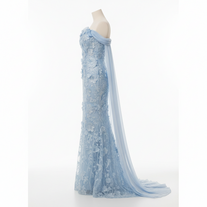3D Floral Lace Off-the-Shoulder Capelet Gown