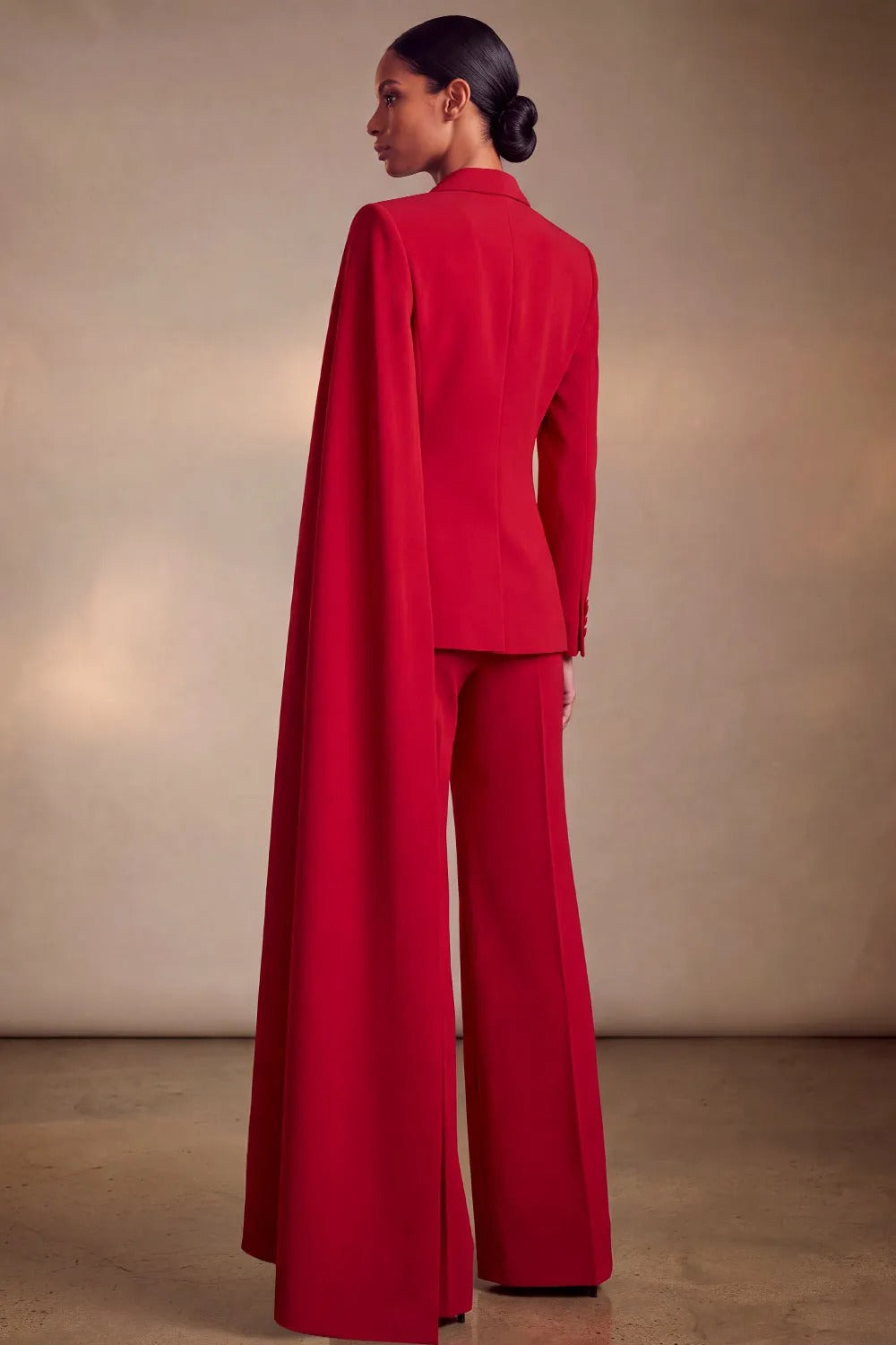 Cape Sleeve Blazer Pantsuit with Wide-Leg Trousers