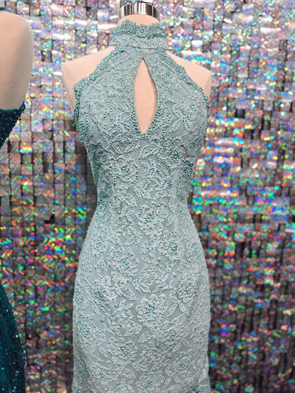 Keyhole Halter Neck Beaded Lace Formal Dress