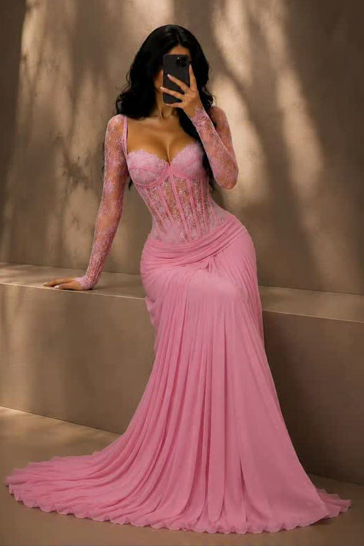 Lace Sleeve Corset Mermaid Gown with Train