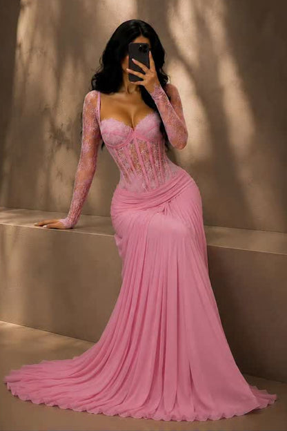 Lace Sleeve Corset Mermaid Gown with Train