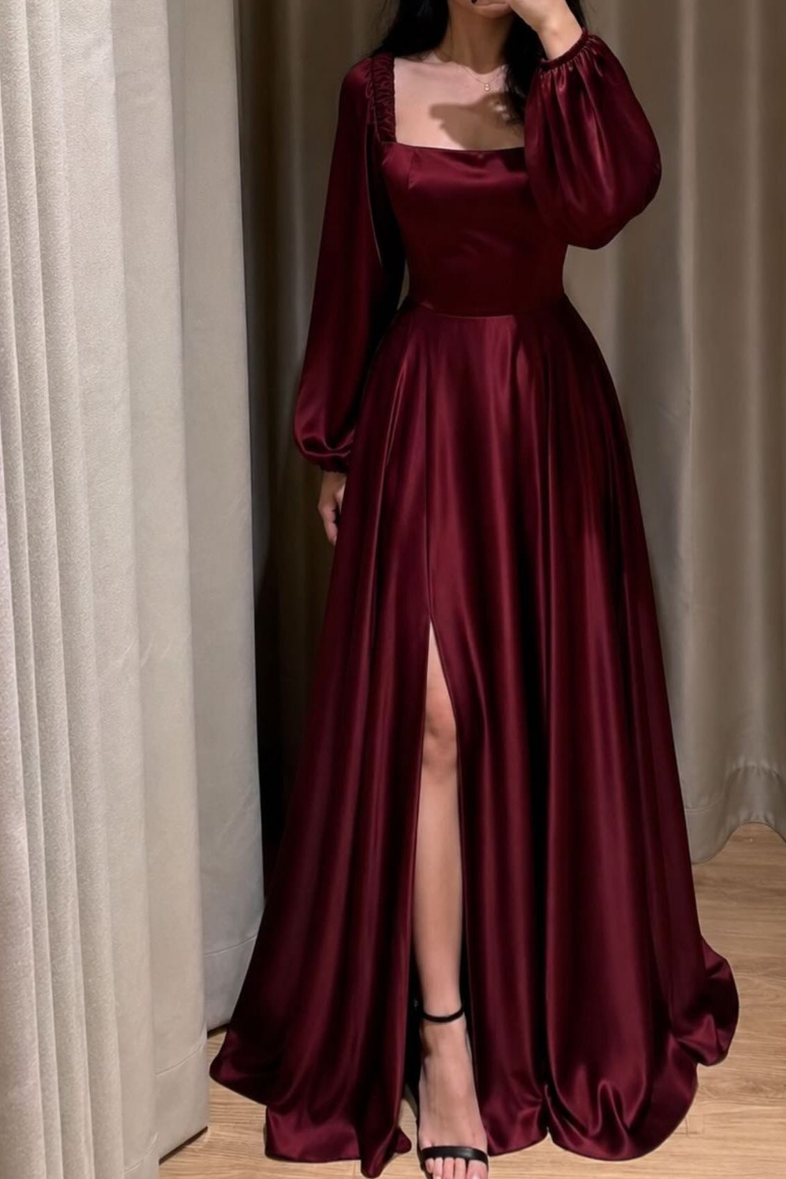 Square Neck Long Sleeve Satin Gown with Slit