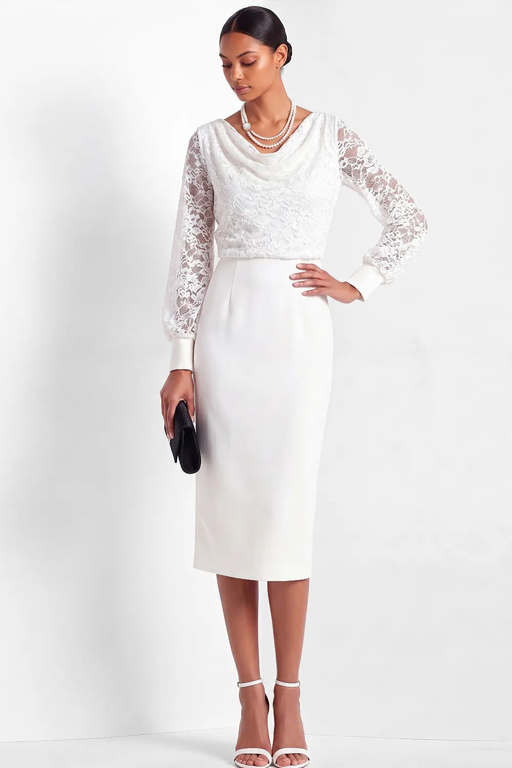Lace Cowl Neck Midi Sheath Dress with Long Sleeves