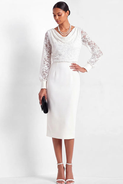 Lace Cowl Neck Midi Sheath Dress with Long Sleeves
