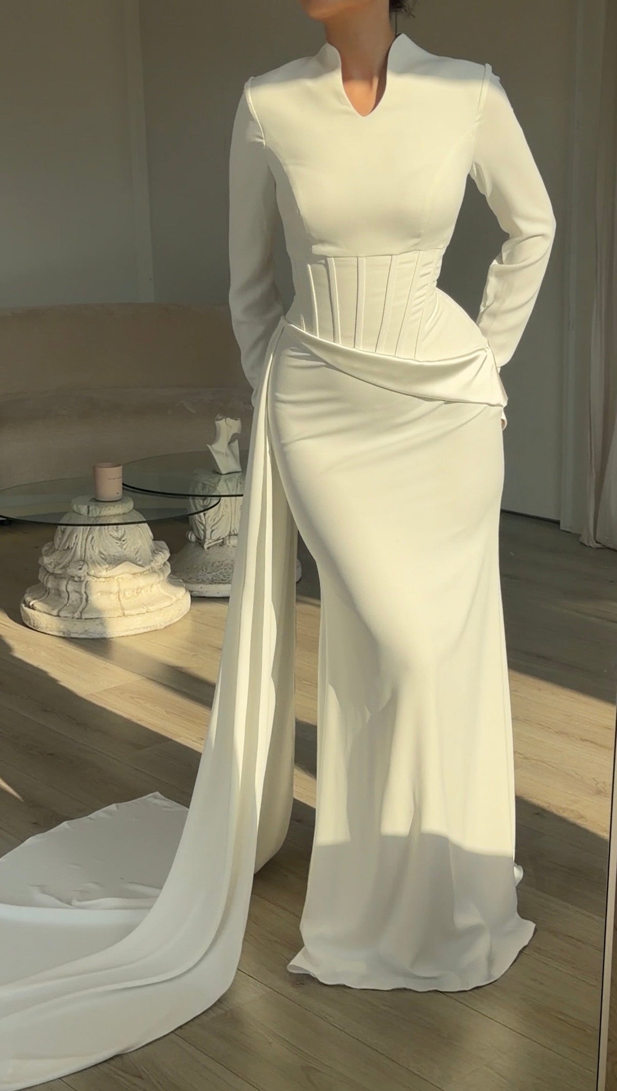 Corset Waist Long Sleeve Gown with Side Drape