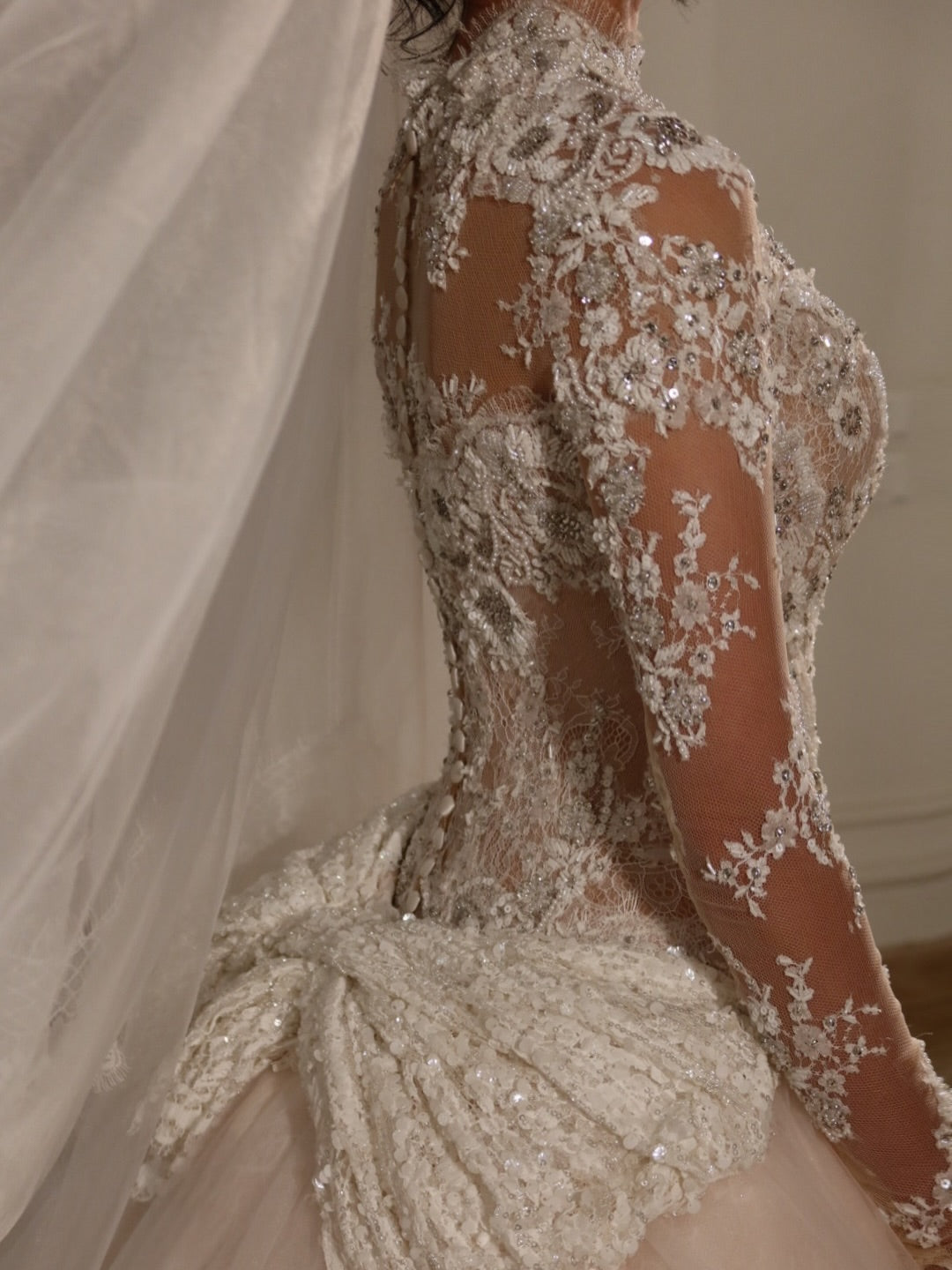 Beaded Lace High Neck Wedding Dress with Overskirt