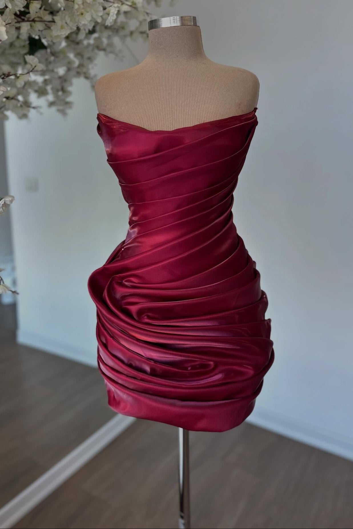 Strapless Ruched Satin Bodycon Mini Dress
