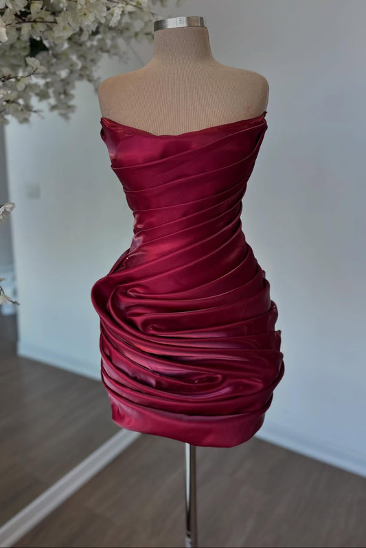 Strapless Ruched Satin Bodycon Mini Dress