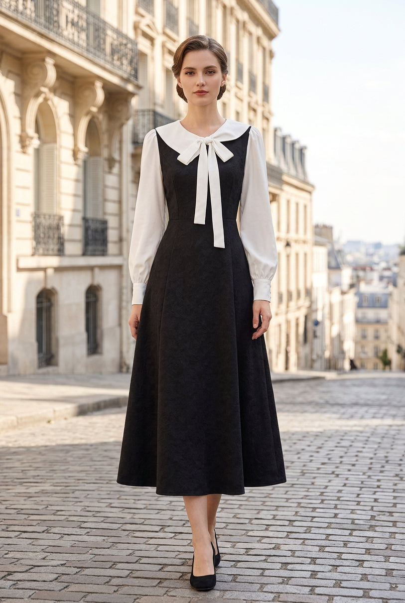 A-Line Midi Dress with Contrast Bow Collar