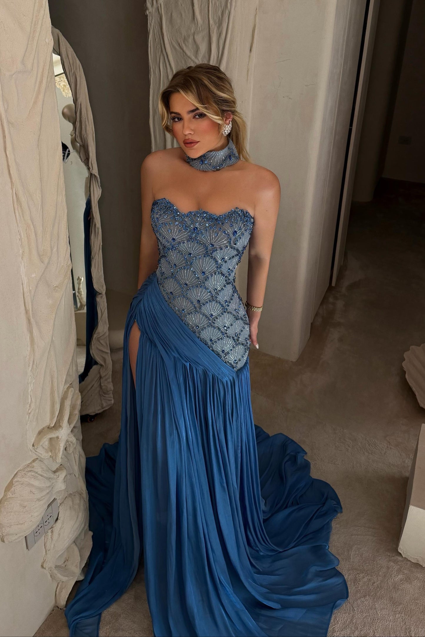 Strapless Beaded Corset Evening Gown with Slit