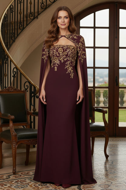 Cape Sleeve Sheath Evening Gown with Keyhole Neckline
