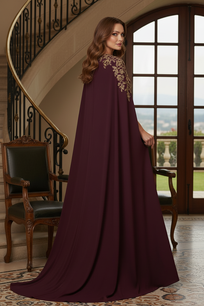 Cape Sleeve Sheath Evening Gown with Keyhole Neckline