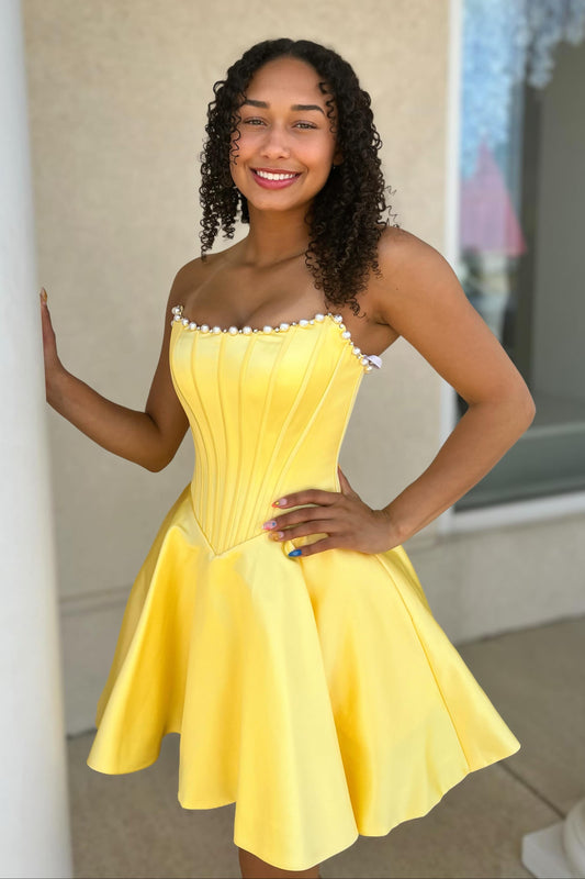 Strapless Satin Corset Mini Dress with Pearl Trim