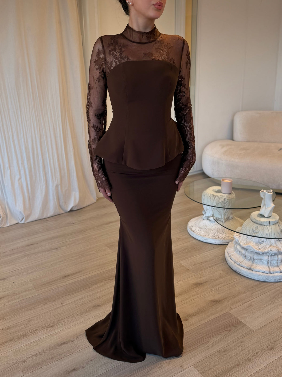 High-Neck Lace Long Sleeve Peplum Mermaid Gown