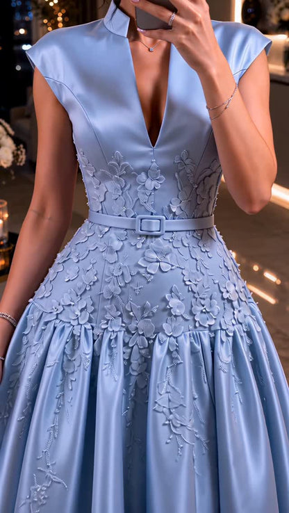 High-Low Satin Gown with Floral Appliques