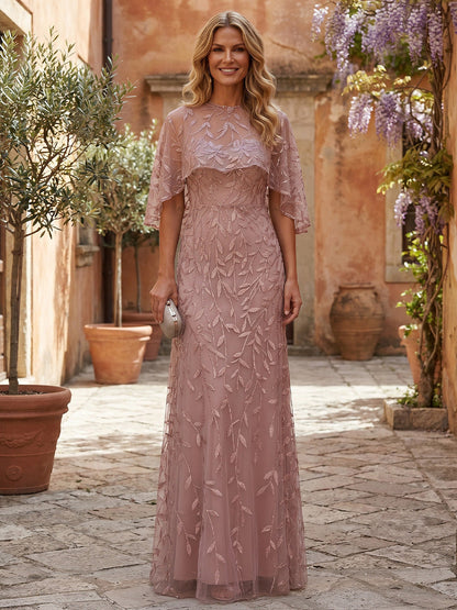 Embroidered Capelet A-Line Evening Dress