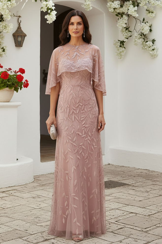 Embroidered Capelet A-Line Evening Dress