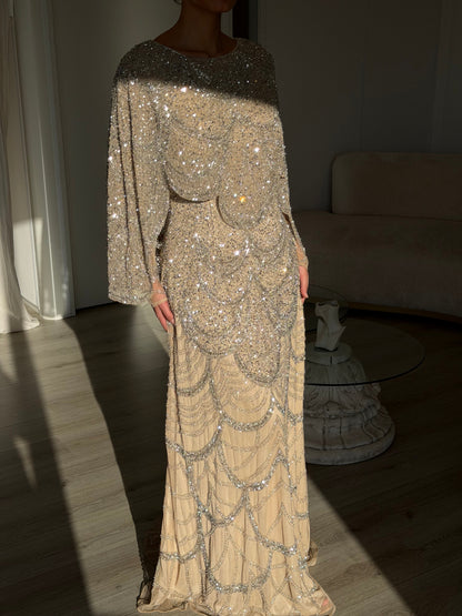 Beaded Cape Sleeve Floor-Length Evening Gown