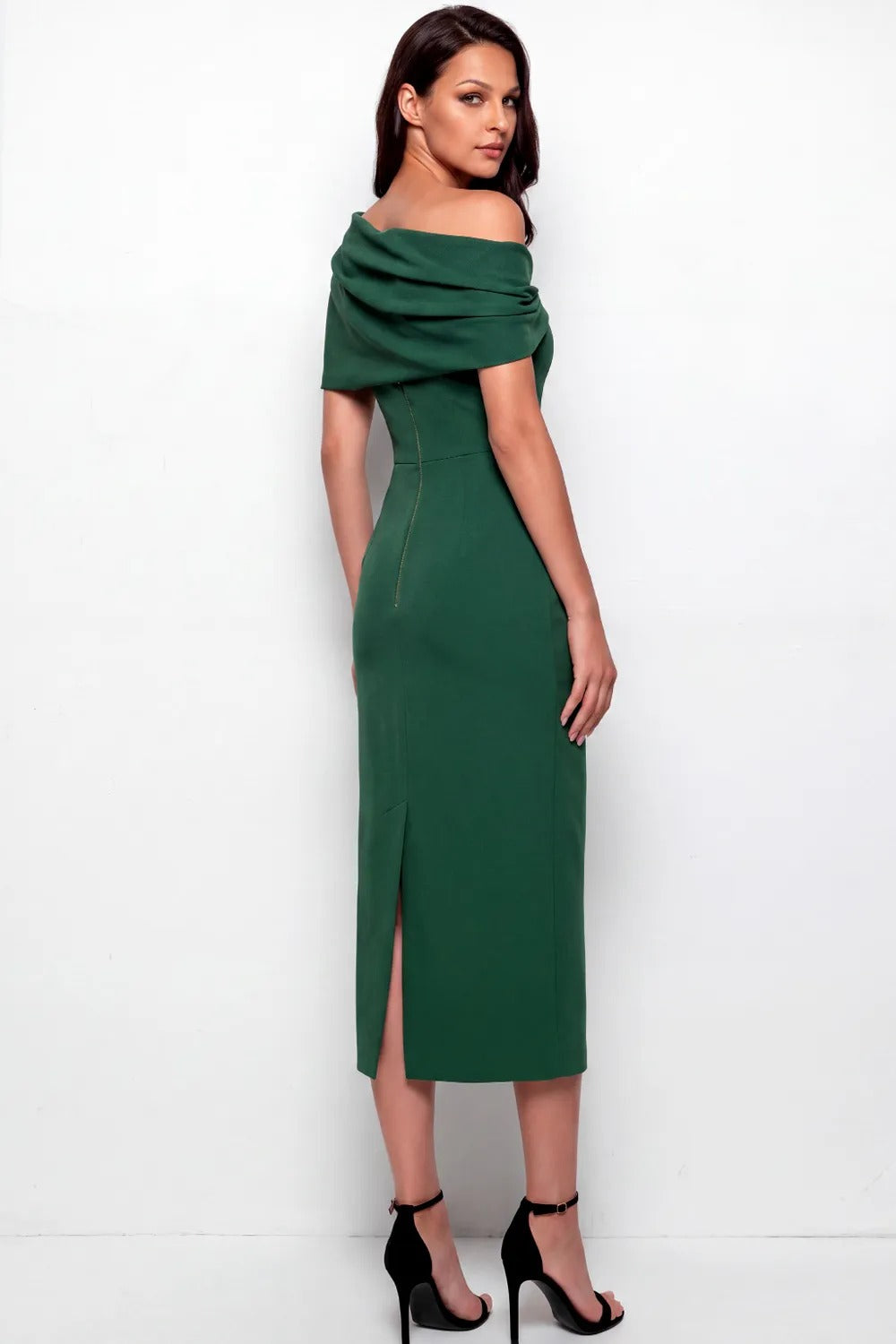 Off-the-Shoulder Draped Midi Sheath Dress
