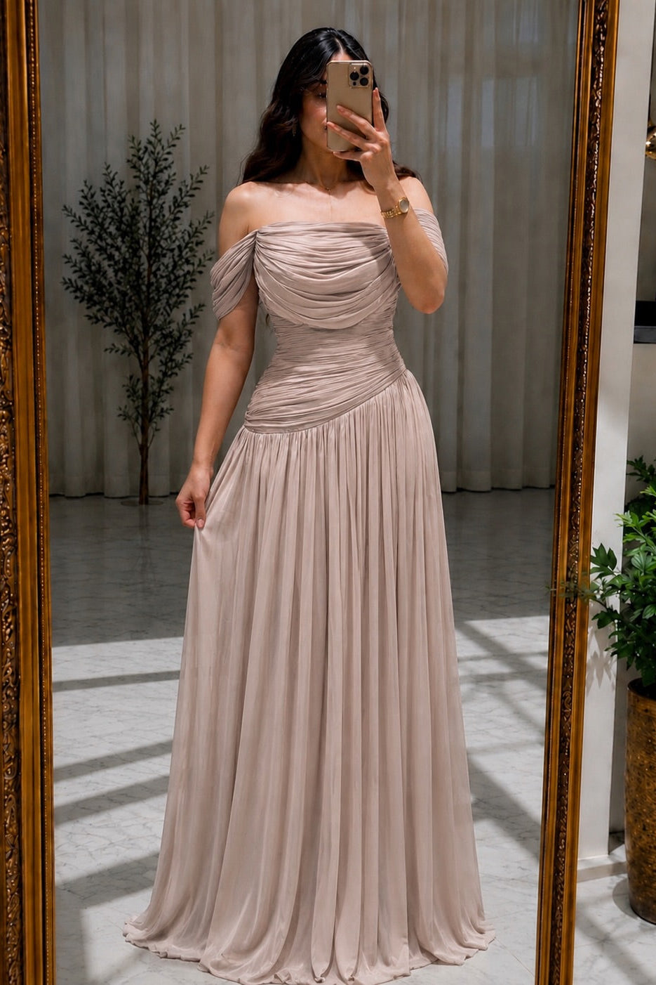 Off-the-Shoulder Draped Pleated Evening Gown