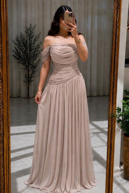 Off-the-Shoulder Draped Pleated Evening Gown