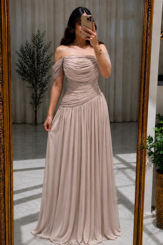 Off-the-Shoulder Draped Pleated Evening Gown