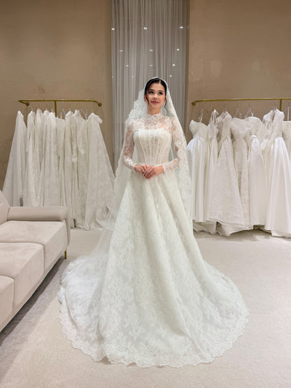 Lace High Neck Long Sleeve Corset Ball Gown Wedding Dress