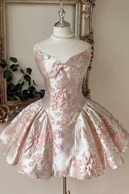 Strapless Floral Jacquard Corset Bubble Dress