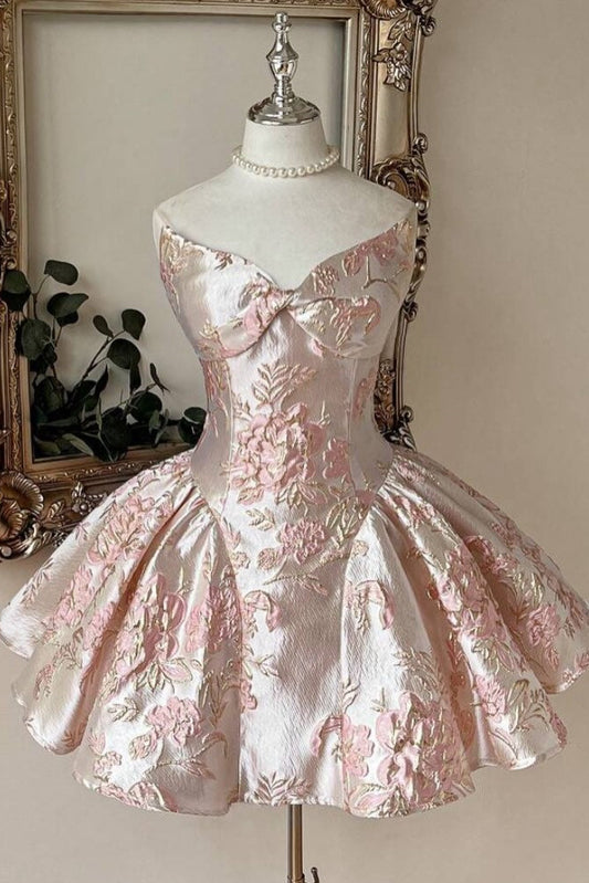 Strapless Floral Jacquard Corset Bubble Dress